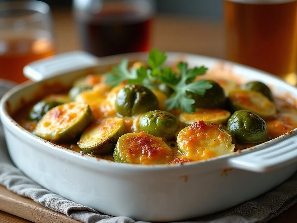 Bubbling cheesy Brussels sprouts with browned edges in a baking dish
