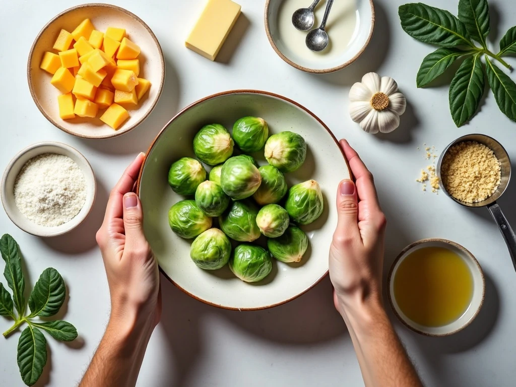 Ingredients for cheesy Brussels sprouts arranged on a countertop