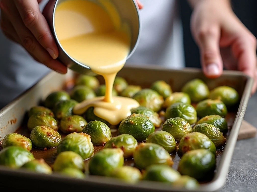 Roasted Brussels sprouts being prepared for the cheese sauce