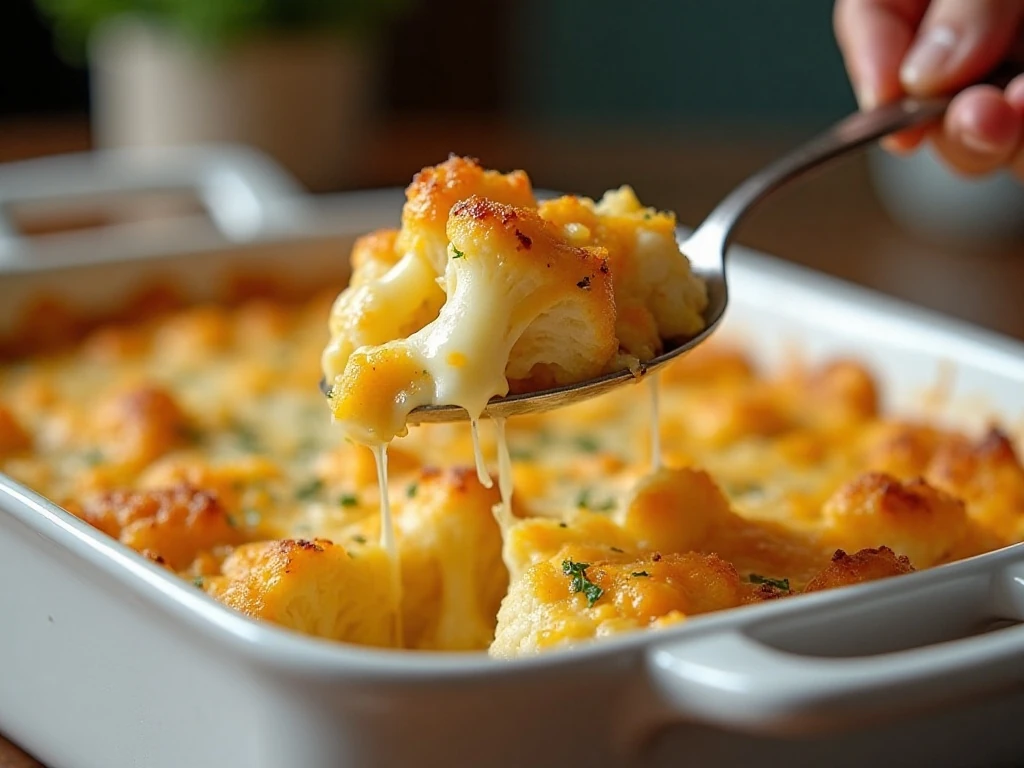 Creamy cheesy cauliflower casserole served warm for dinner