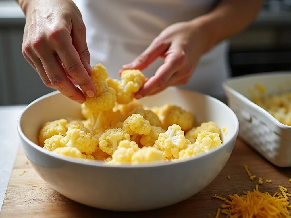 Folding cauliflower into the creamy cheese mixture