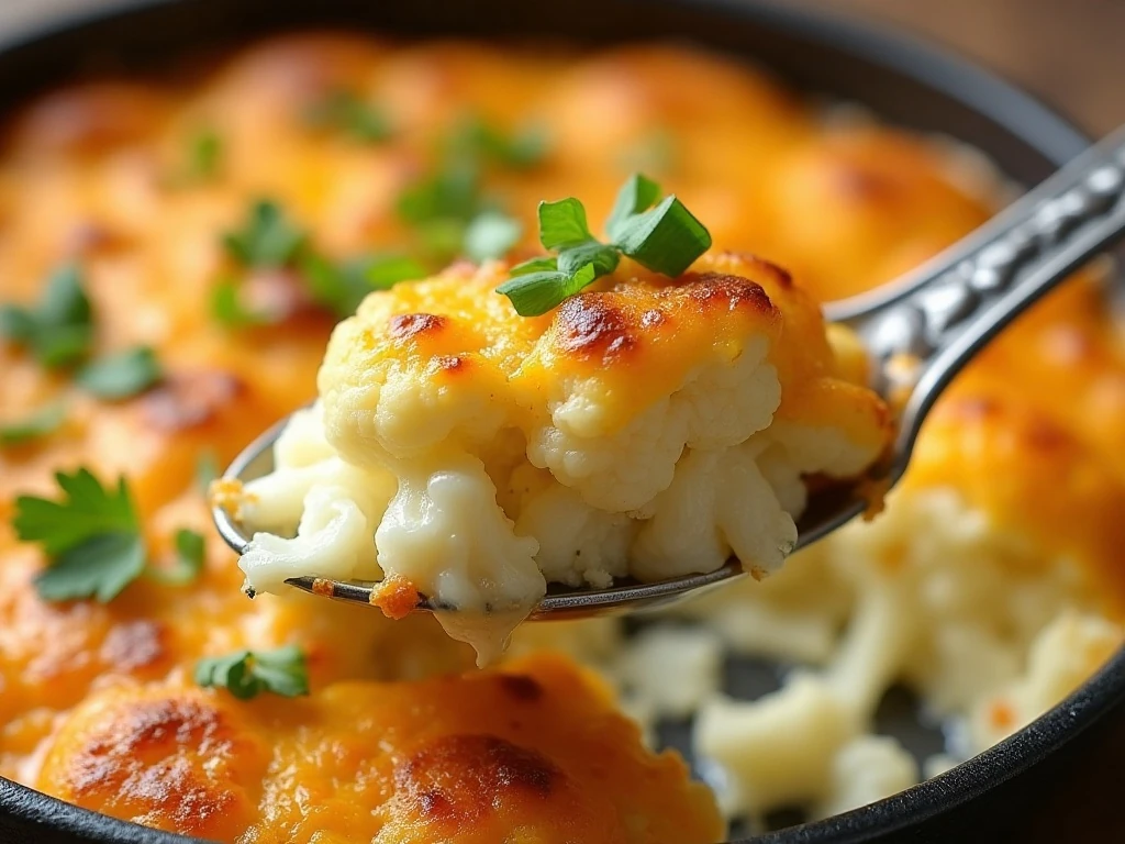 Cheesy cauliflower casserole with parsley and green onion garnish