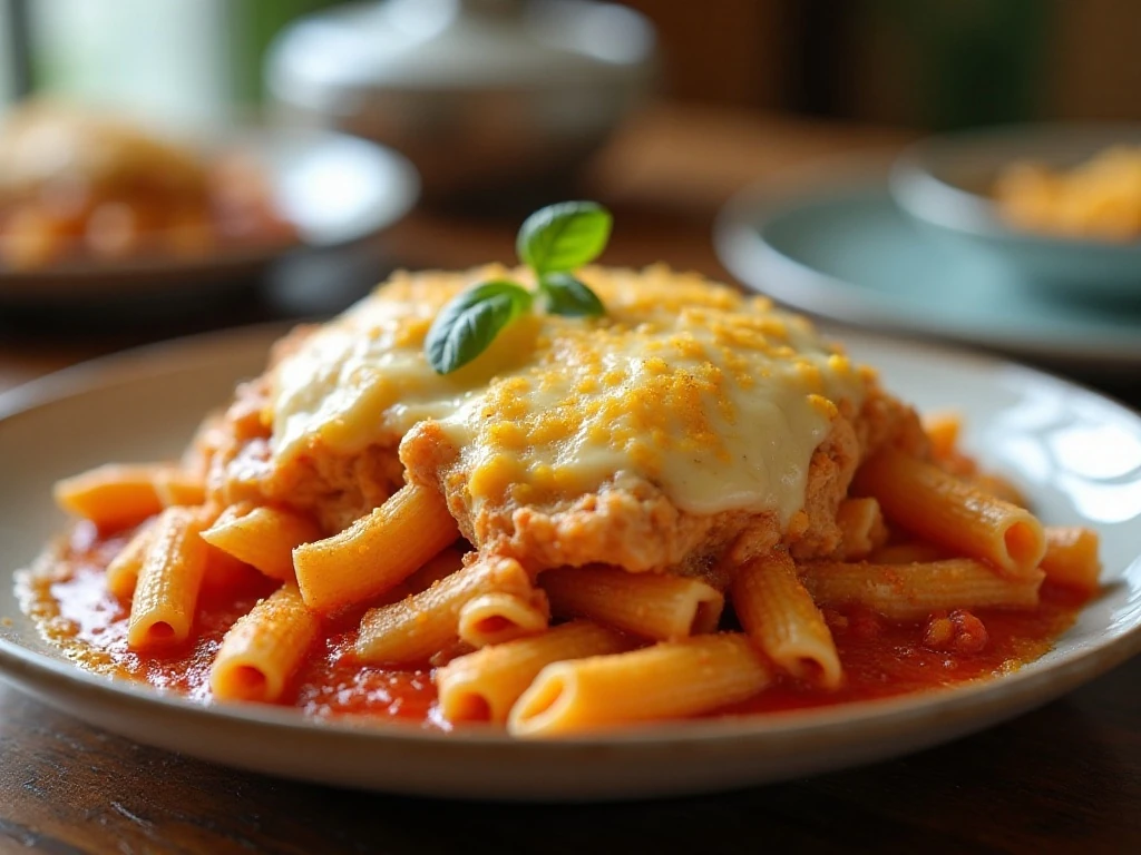 Serving of easy cheesy chicken pasta bake with golden melted cheese