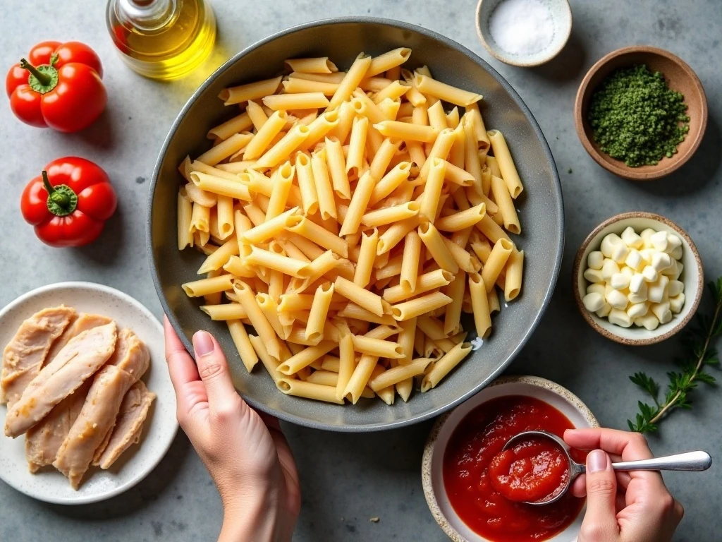 Ingredients for cheesy chicken pasta bake arranged for cooking