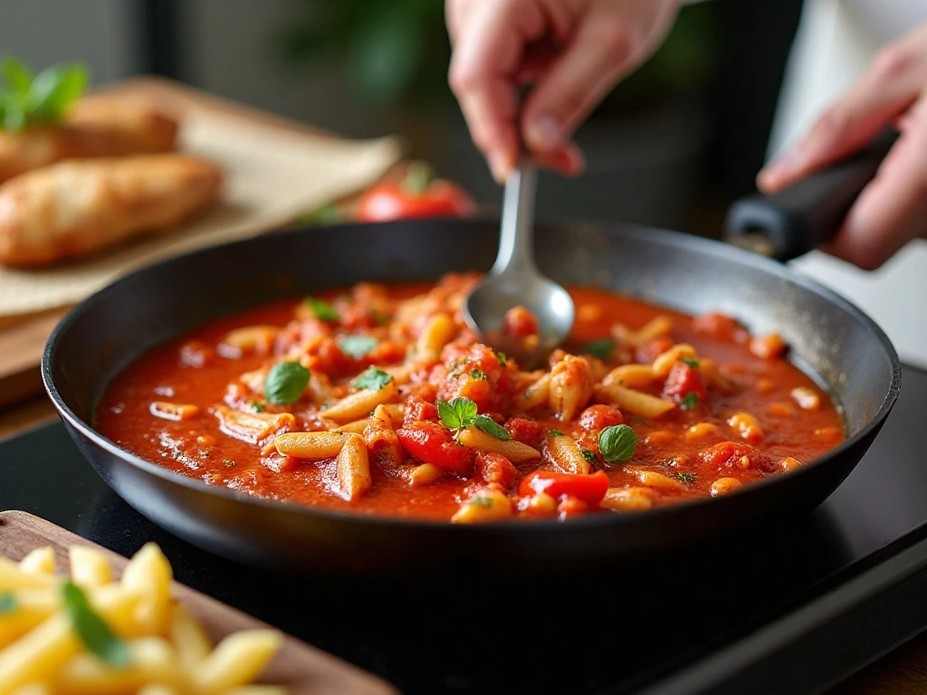 Preparing tomato sauce for chicken pasta bake