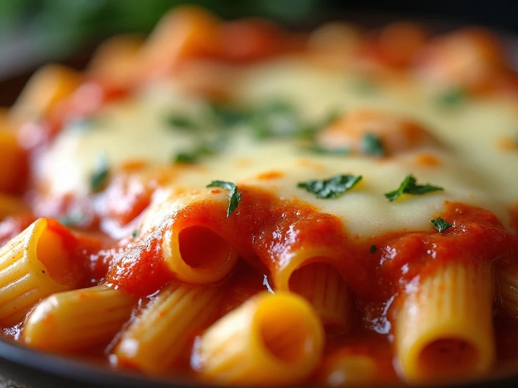 Close-up of bubbling golden cheese on chicken pasta bake