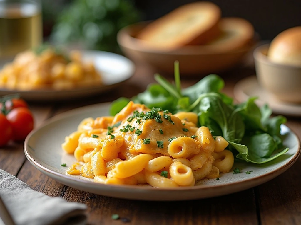 Cheesy chicken pasta bake served with salad and garlic bread