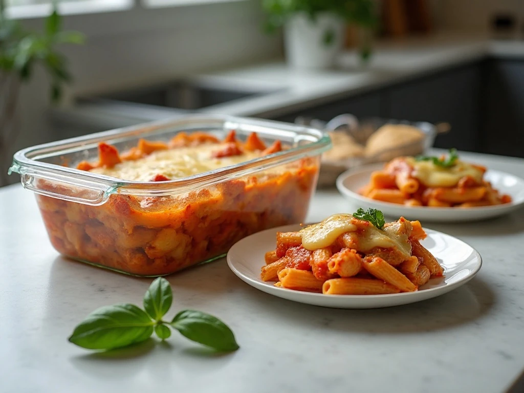 Stored and reheated cheesy chicken pasta bake portion