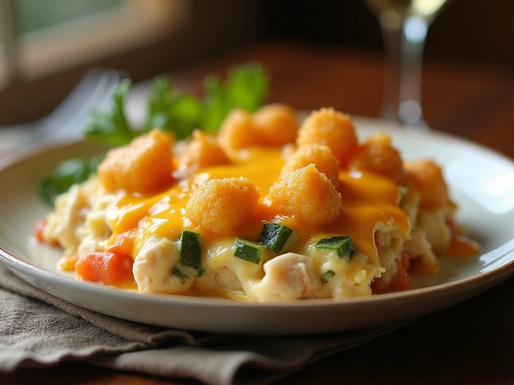 Plated cheesy chicken tater tot casserole with crisp potatoes and melted cheddar