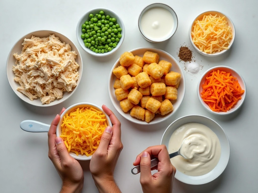 Ingredients for cheesy chicken tater tot casserole arranged in a flat lay