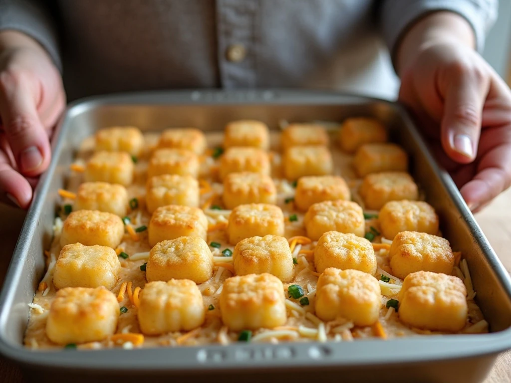 Arranging frozen tater tots over chicken casserole filling