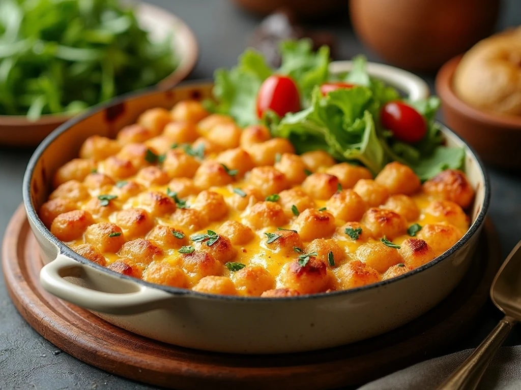 Cheesy chicken tater tot casserole served as a family dinner