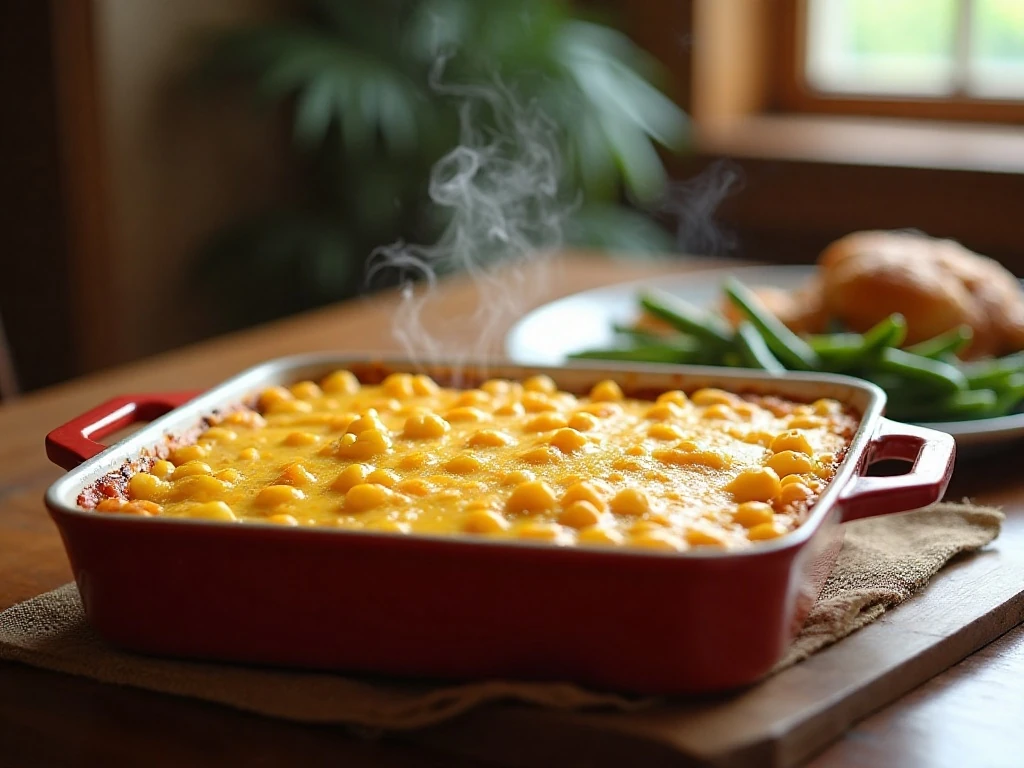 Cheesy corn casserole served as a comforting dinner side dish