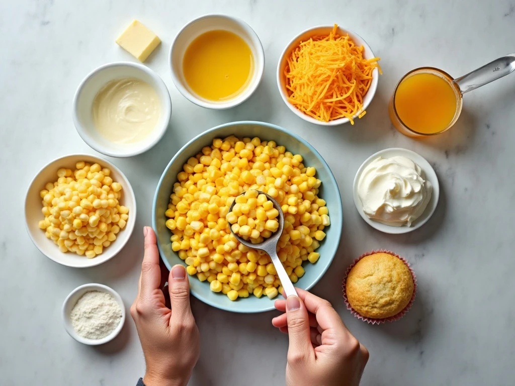 Ingredients for easy cheesy corn casserole