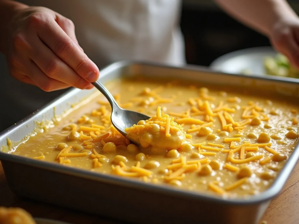 Mixing the ingredients for cheesy corn casserole