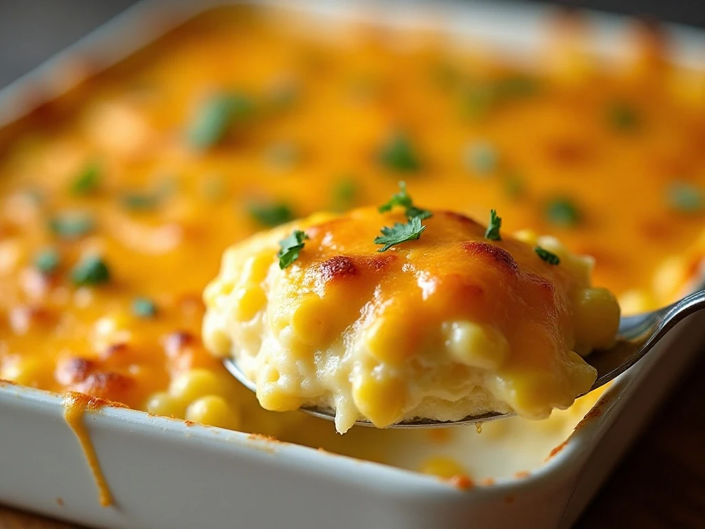 Golden cheddar topping on creamy corn casserole