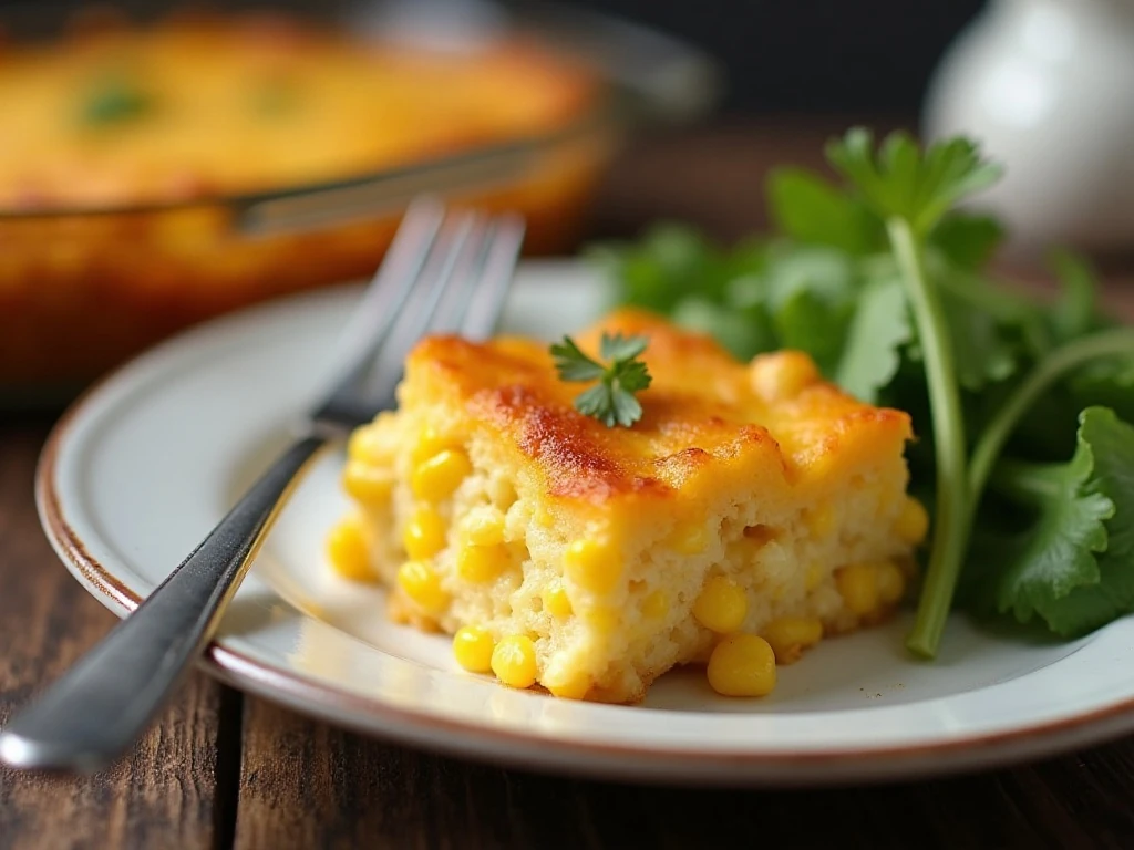A warm serving of leftover cheesy corn casserole
