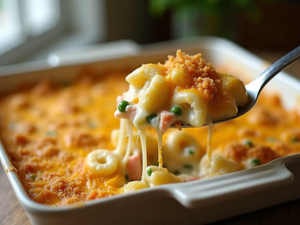 Creamy cheesy crab pasta casserole with golden breadcrumbs