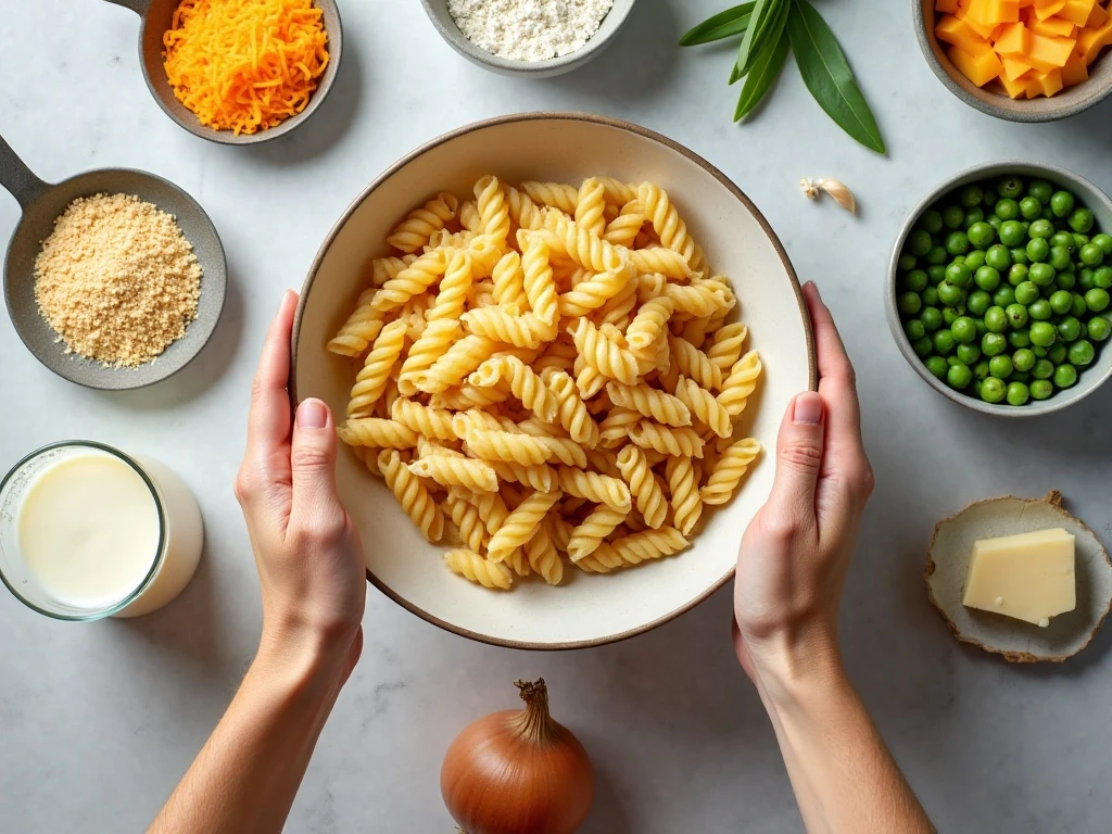 Ingredients for cheesy crab pasta casserole arranged for cooking