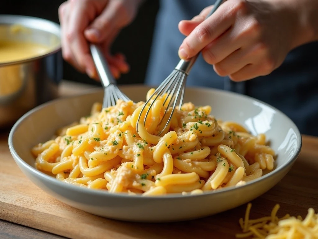 Preparing homemade cheese sauce for crab pasta casserole