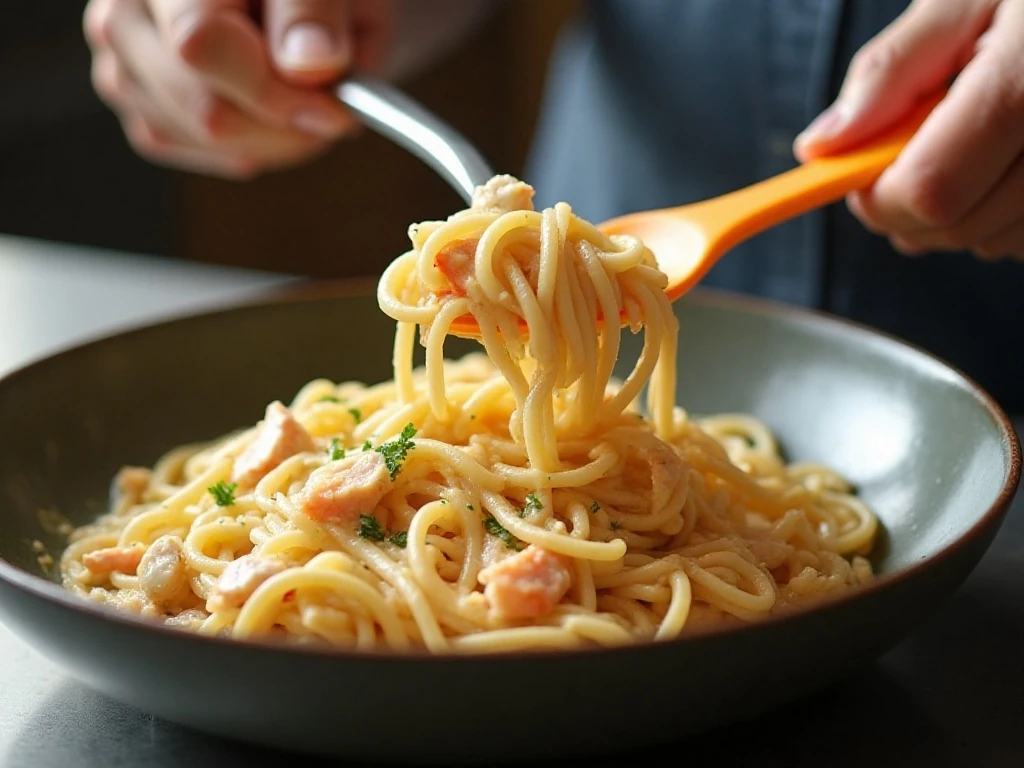 Gently folding crab into creamy pasta casserole mixture