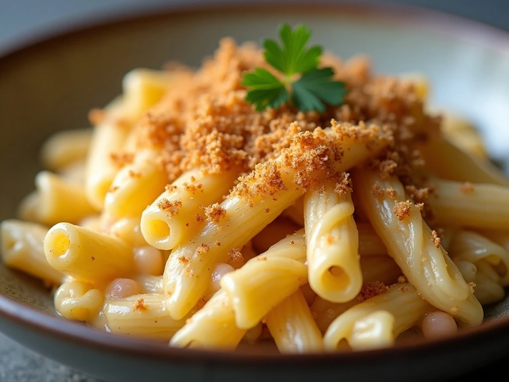 Reheated cheesy crab pasta casserole with crisp topping