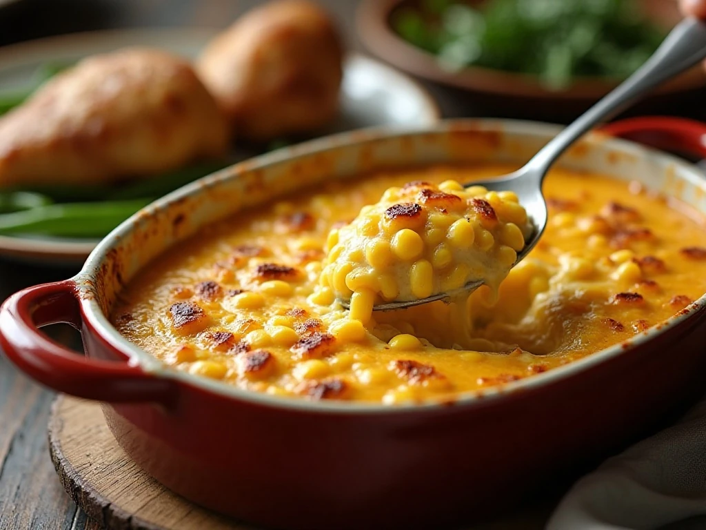 Golden cheesy creamed corn casserole served as a comforting dinner side