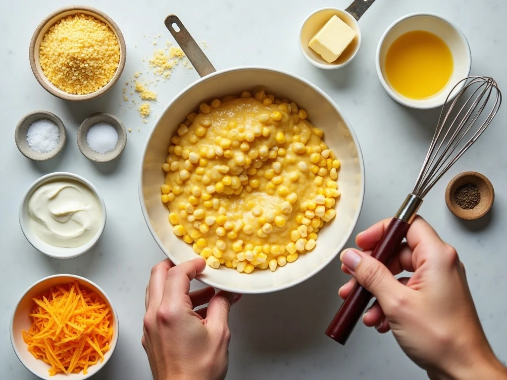 Ingredients for cheesy creamed corn casserole arranged for cooking