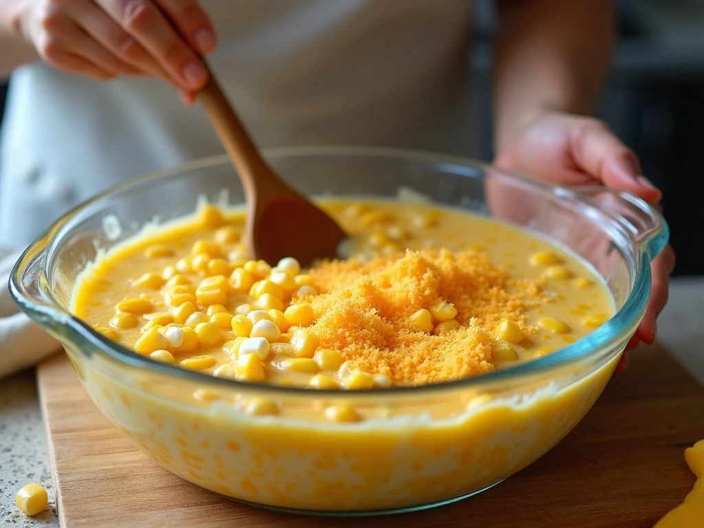 Mixing the ingredients for cheesy creamed corn casserole