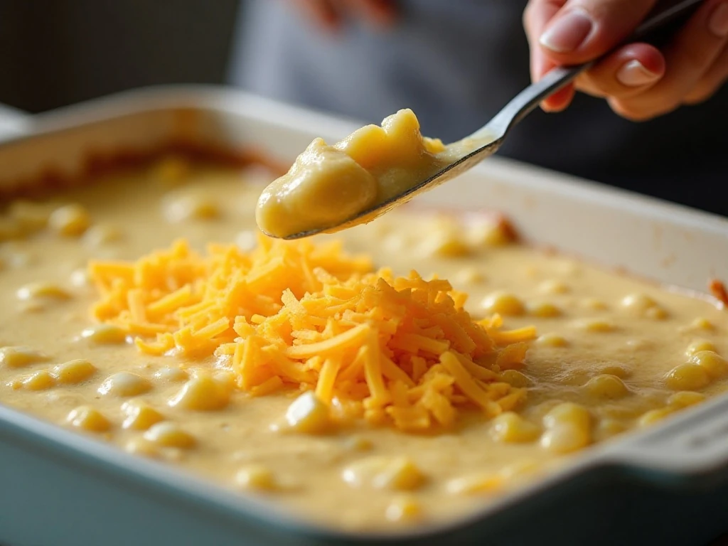 Spreading corn casserole batter evenly before adding cheddar cheese