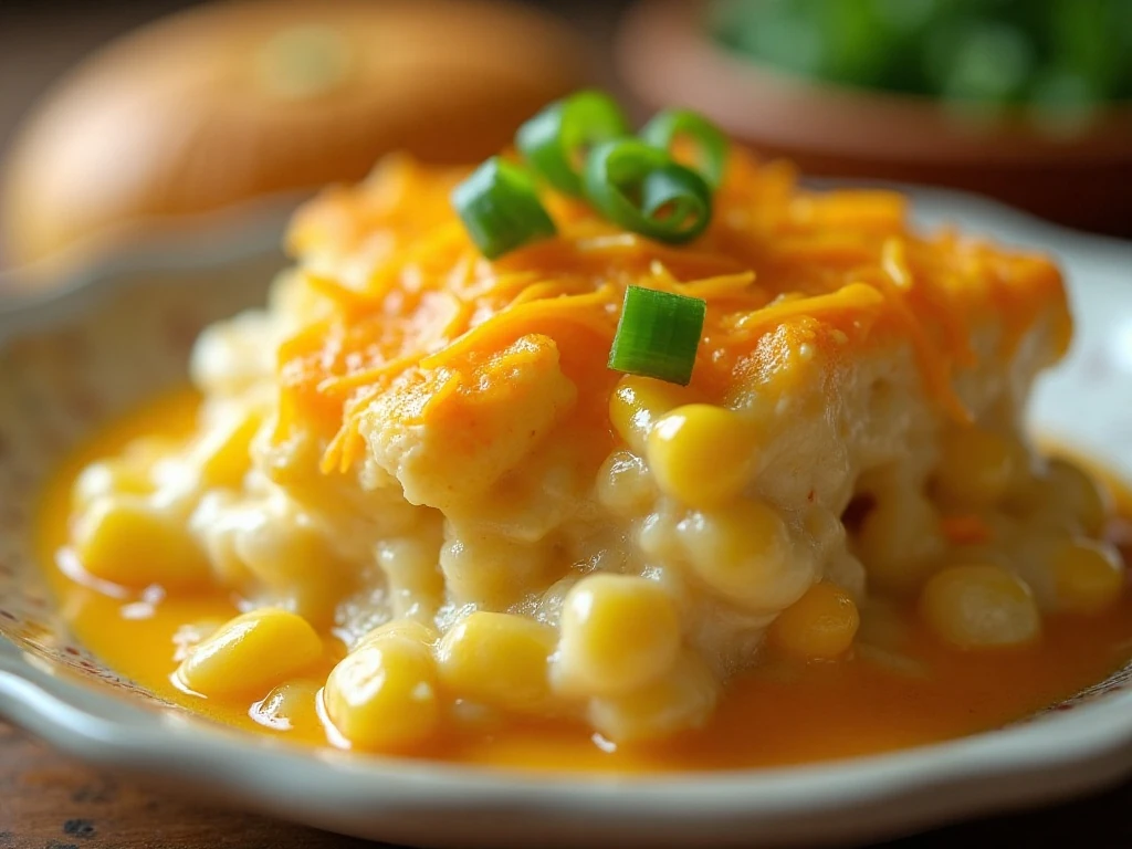 Cheesy creamed corn casserole garnished with green onions