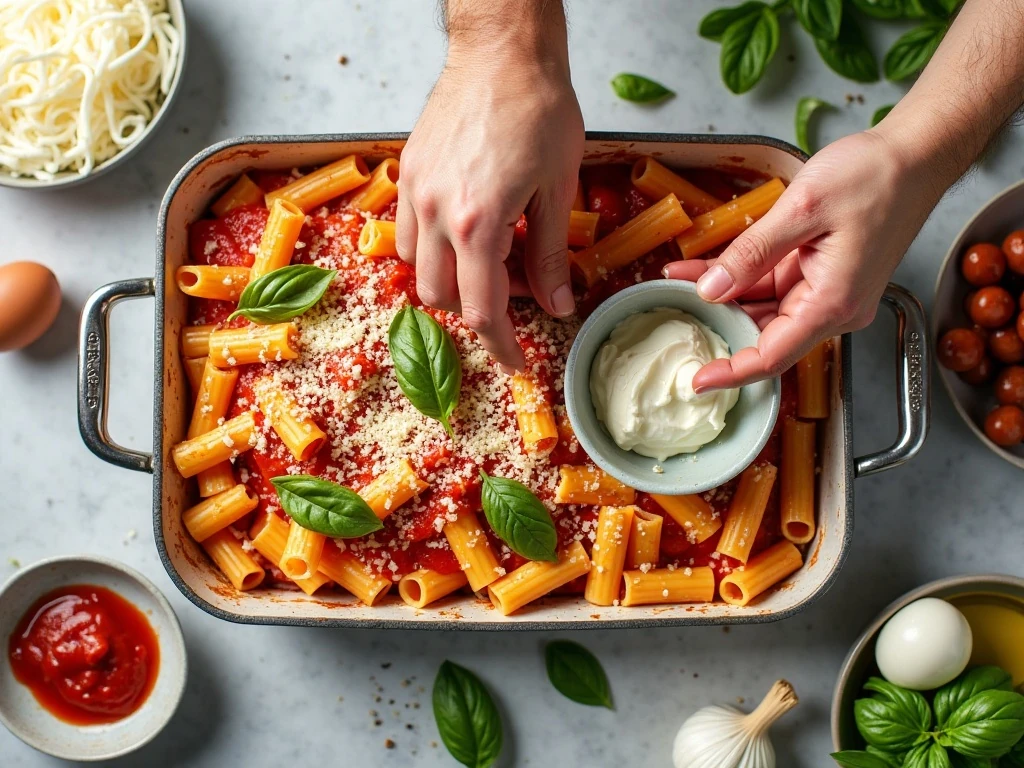 Ingredients for creamy cheesy baked ziti