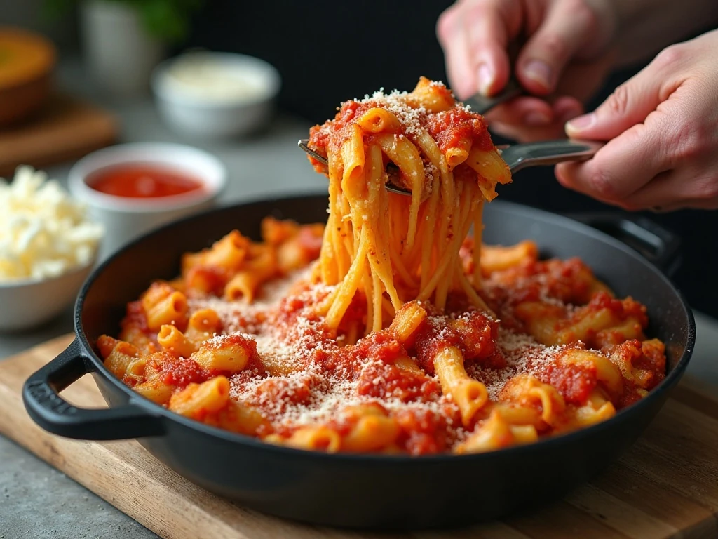 Mixing pasta with ricotta filling and marinara for baked ziti