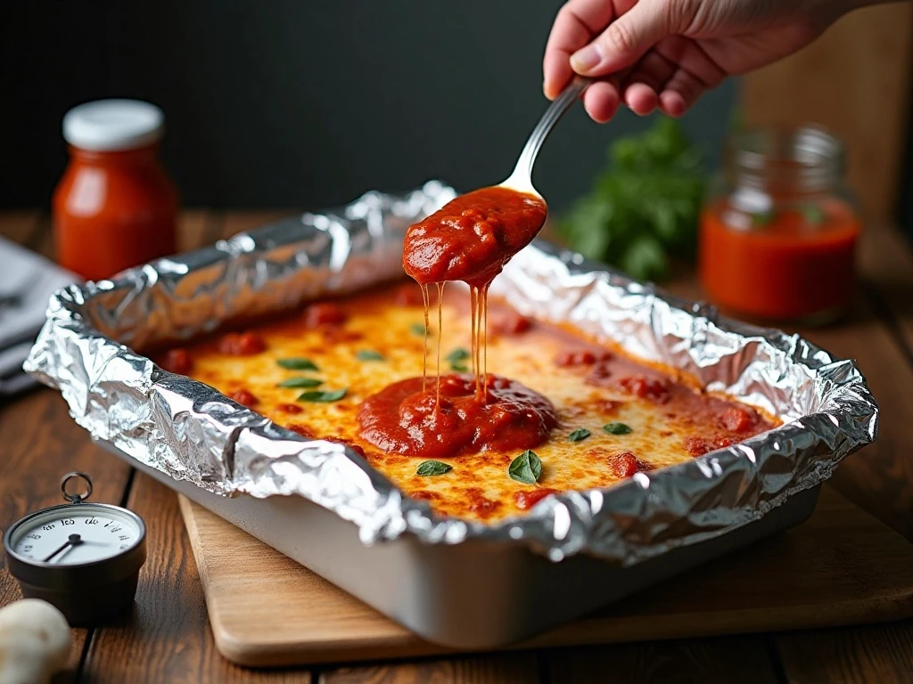 Baked ziti covered with foil before the final browning stage