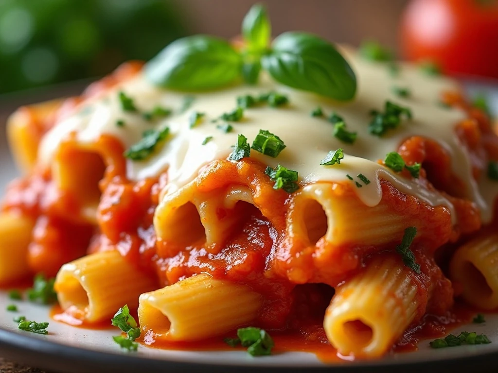 Close-up of golden mozzarella and fresh herbs on baked ziti