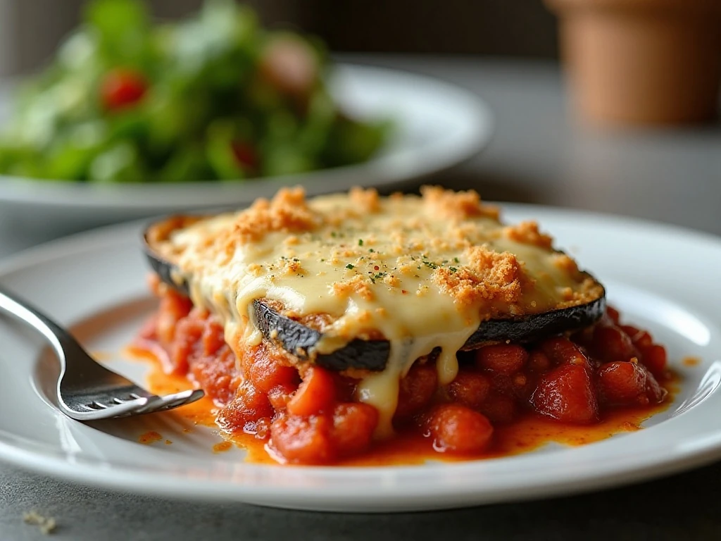 Plated serving of easy cheesy eggplant casserole with tomato sauce and golden cheese