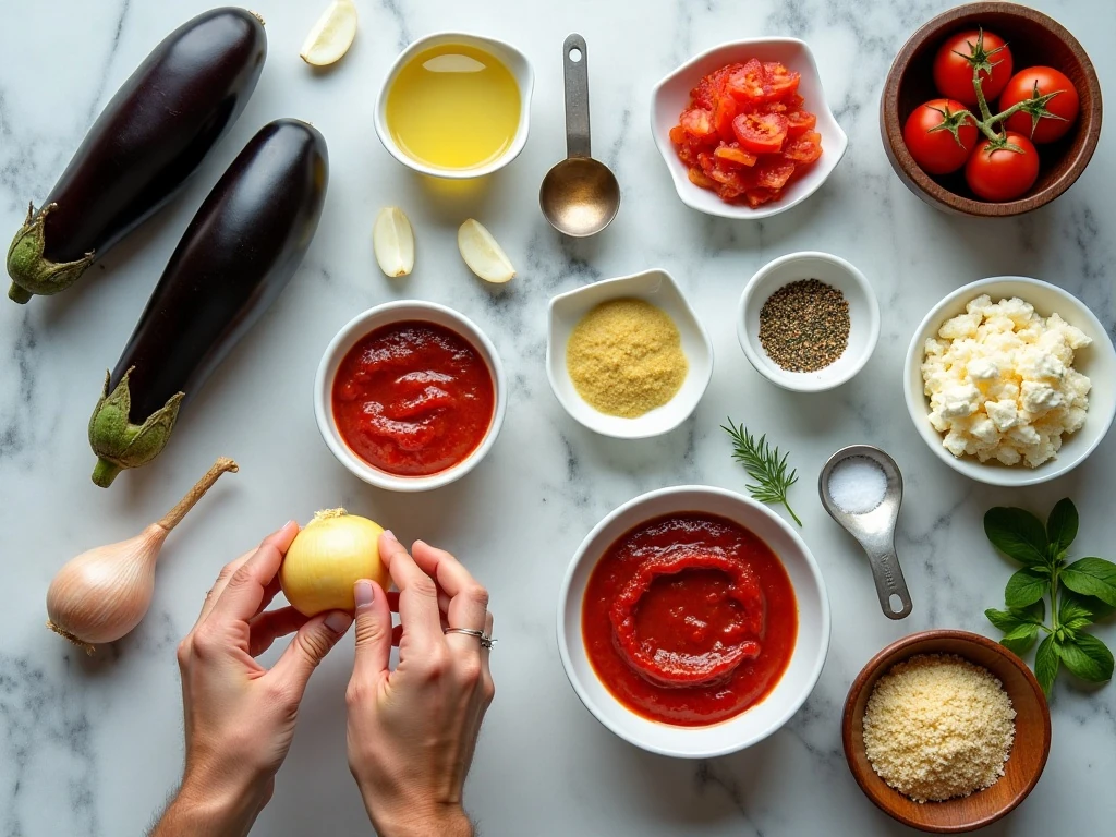 Ingredients for cheesy eggplant casserole arranged for cooking