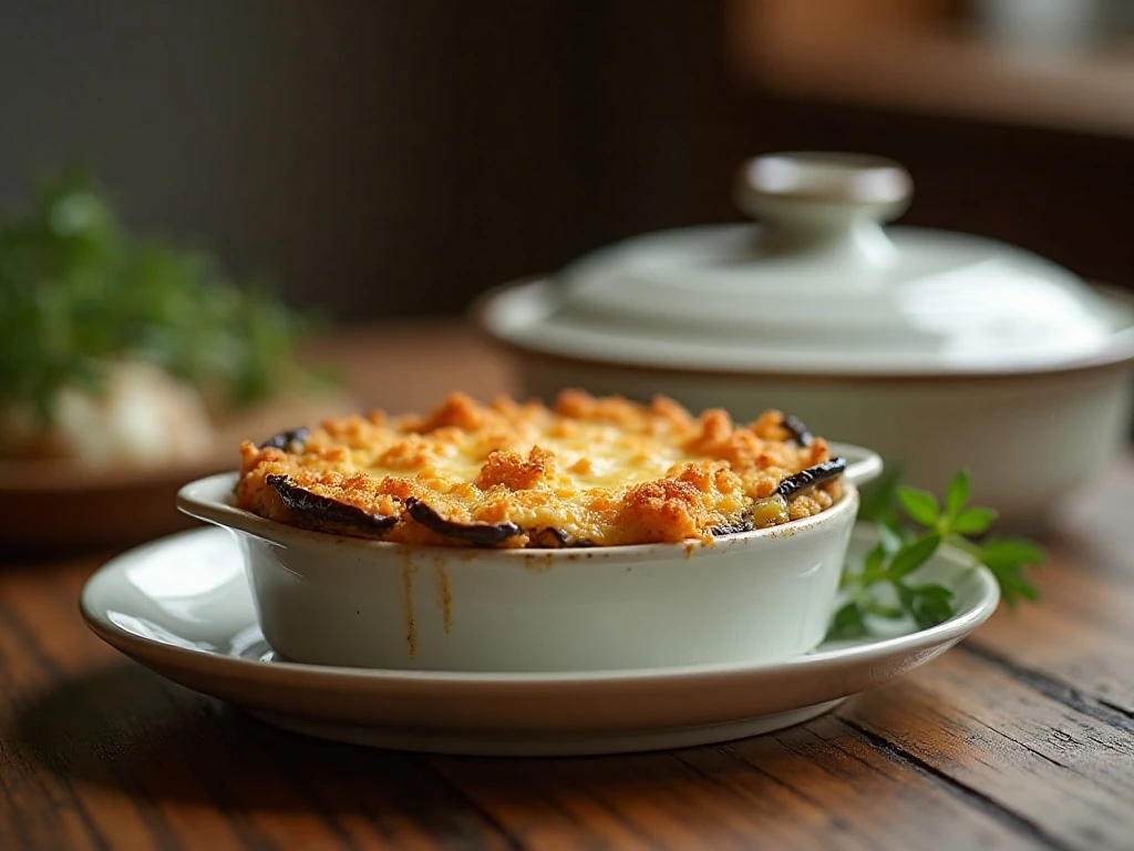 Reheated cheesy eggplant casserole with golden breadcrumb topping