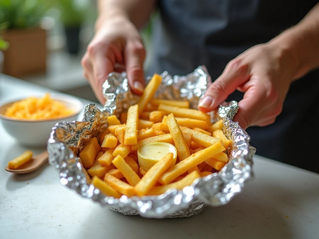 Preparing garlic butter fries in a foil packet