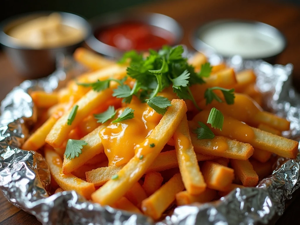 Cheesy garlic fries served with dipping sauces