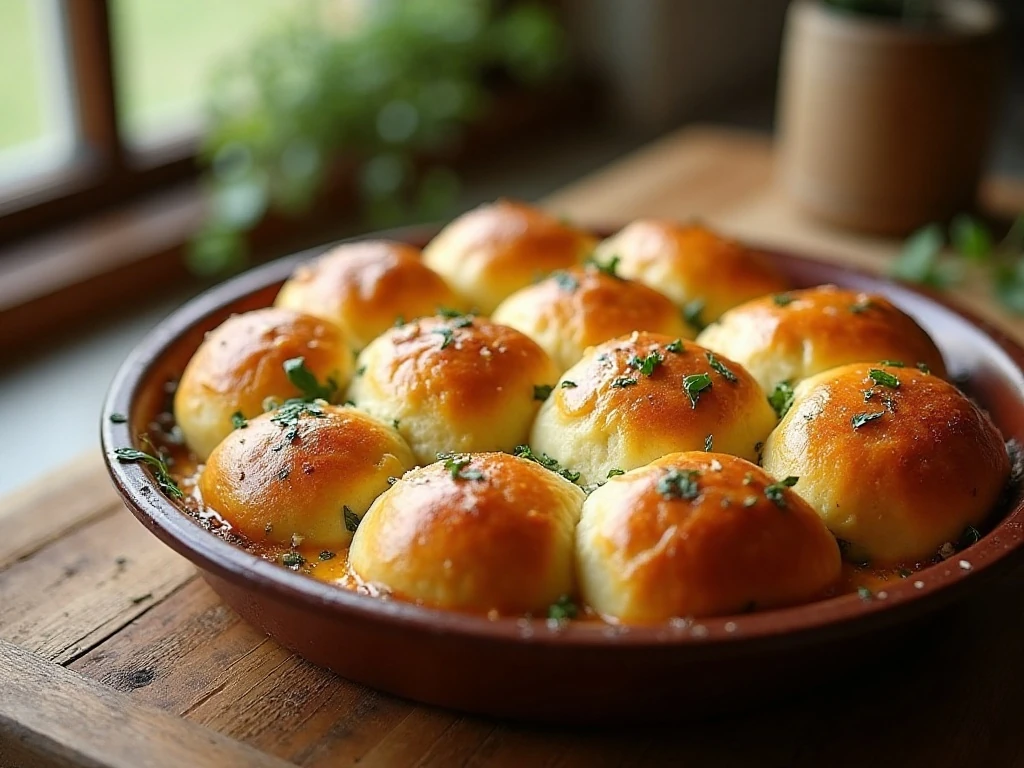 Golden cheesy garlic herb pull-apart rolls arranged in a round baking dish