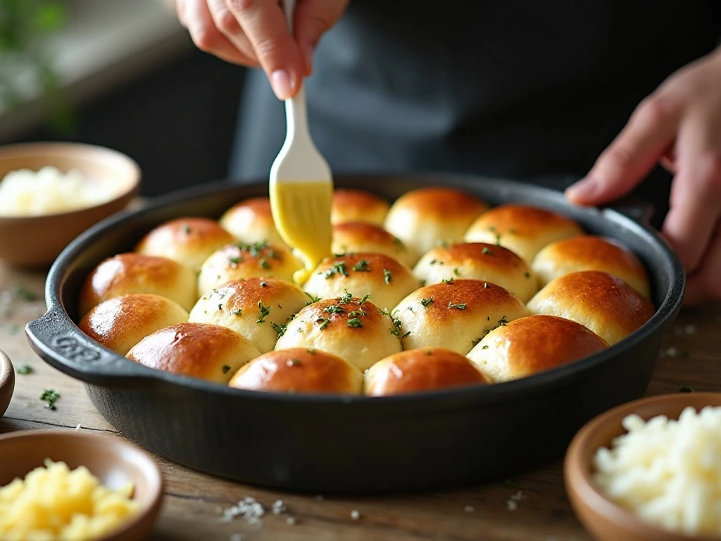 Brushing risen dinner rolls with garlic herb butter before adding cheese
