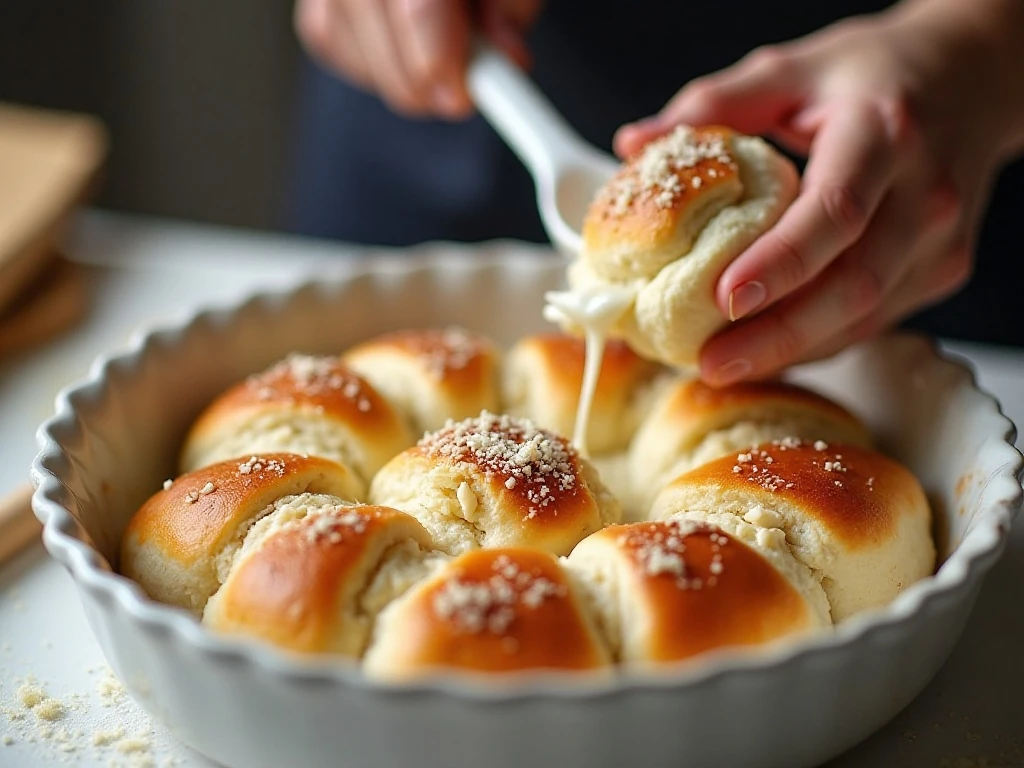 Adding mozzarella and Parmesan between risen pull-apart rolls