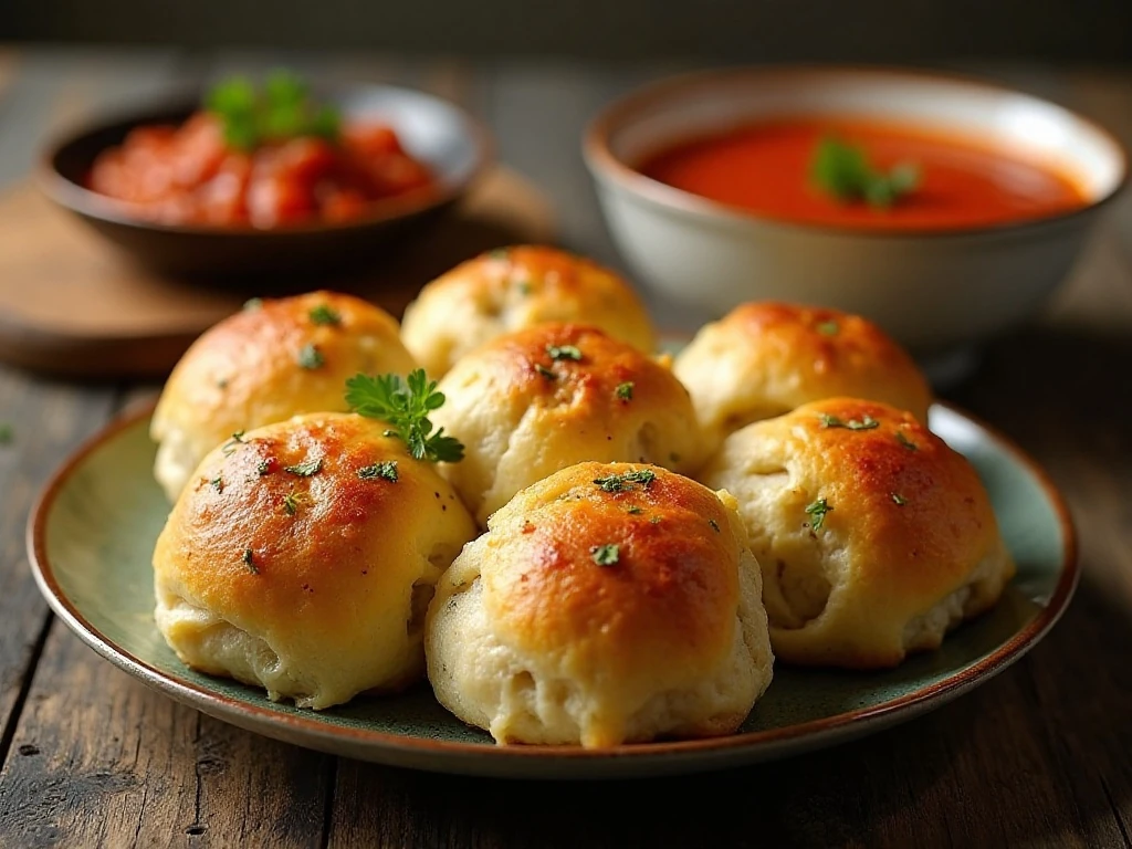Cheesy garlic herb pull-apart rolls served with soup and dipping sauce