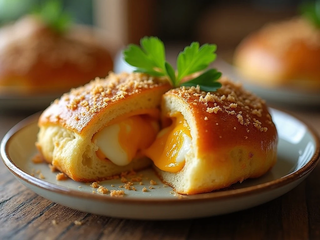 Close-up of a warm cheesy pull-apart roll with parsley garnish