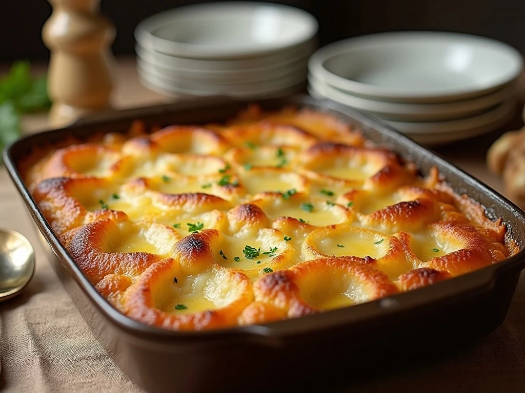 Golden cheesy garlic scalloped potatoes ready to serve