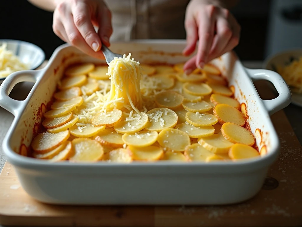 Layering potatoes with garlic cream sauce and cheese