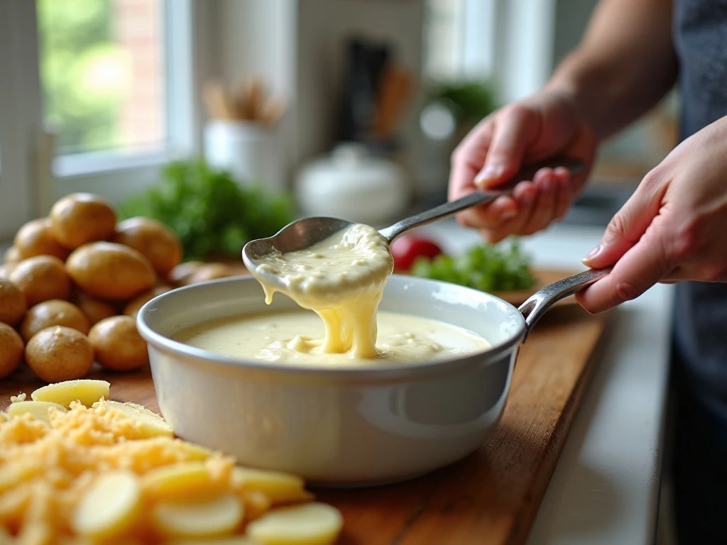 Smooth garlic cream sauce and evenly sliced potatoes