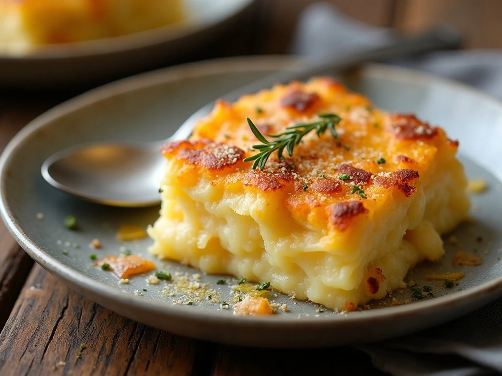 Close-up serving of creamy cheesy scalloped potatoes