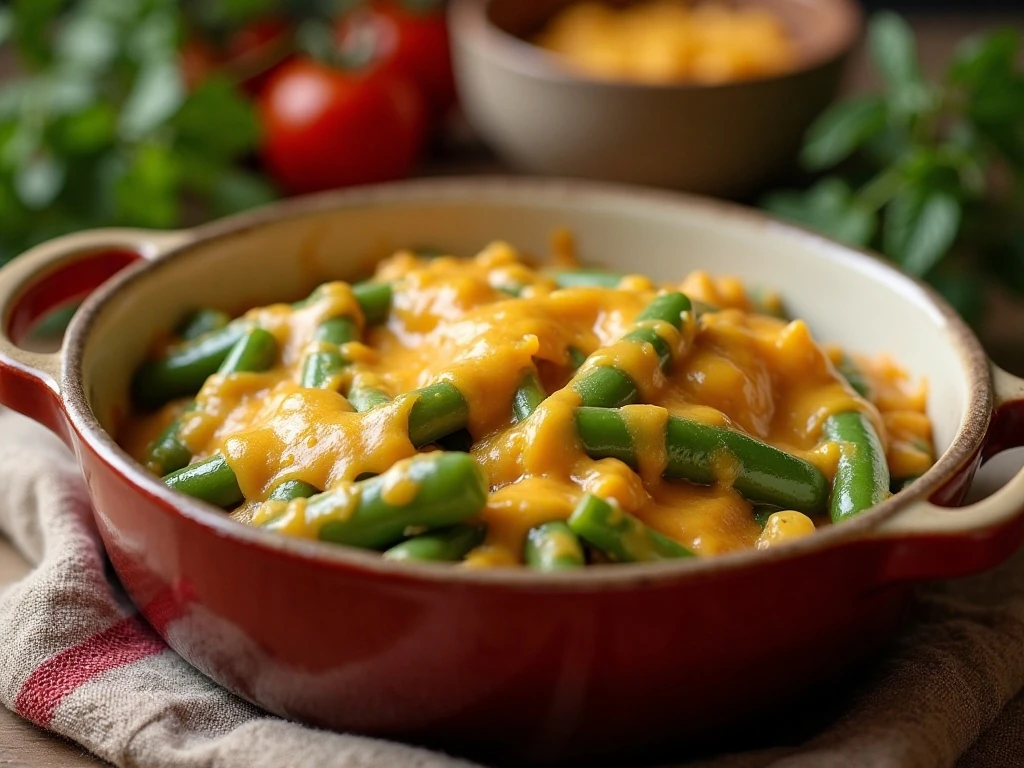 Creamy cheesy green beans and cabbage casserole fresh from the oven